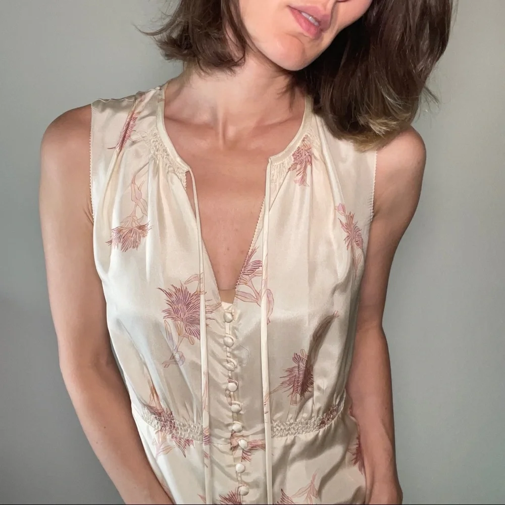 NORA FLORAL SILK SLEEVELESS A-LINE DRESS IN SUNSET COMBO - Picture 7 of 14